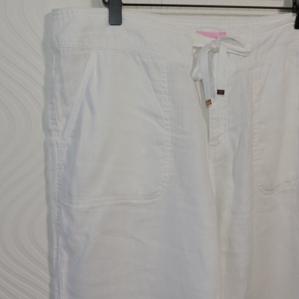 Lilly Pulitzer Beach Pants Sz 12 White Linen Wide Leg Pull On Drawstring Pockets - Picture 2 of 14
